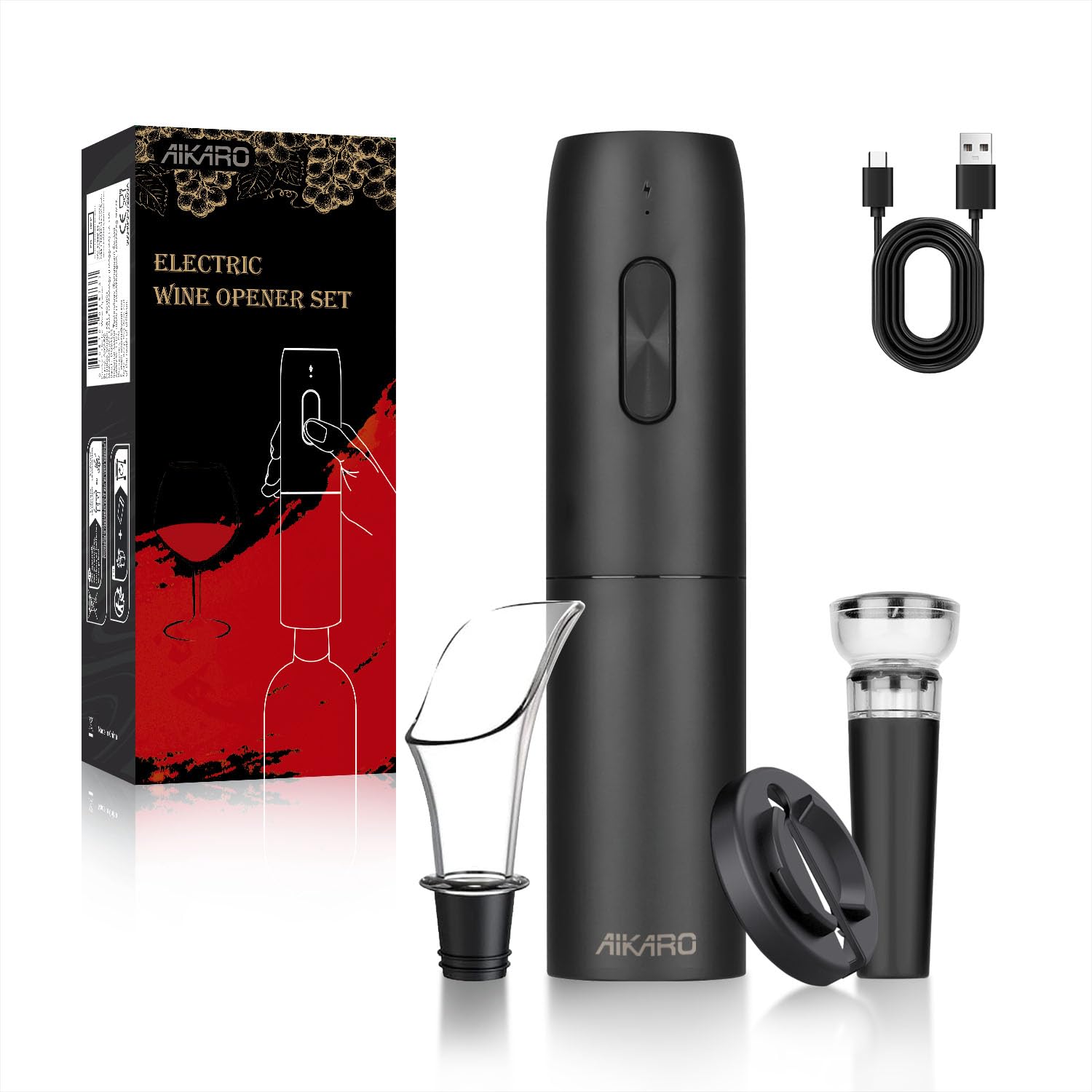 AIKARO - Abrebotellas de vino eléctrico Sacacorchos electrónico automático (Set A)