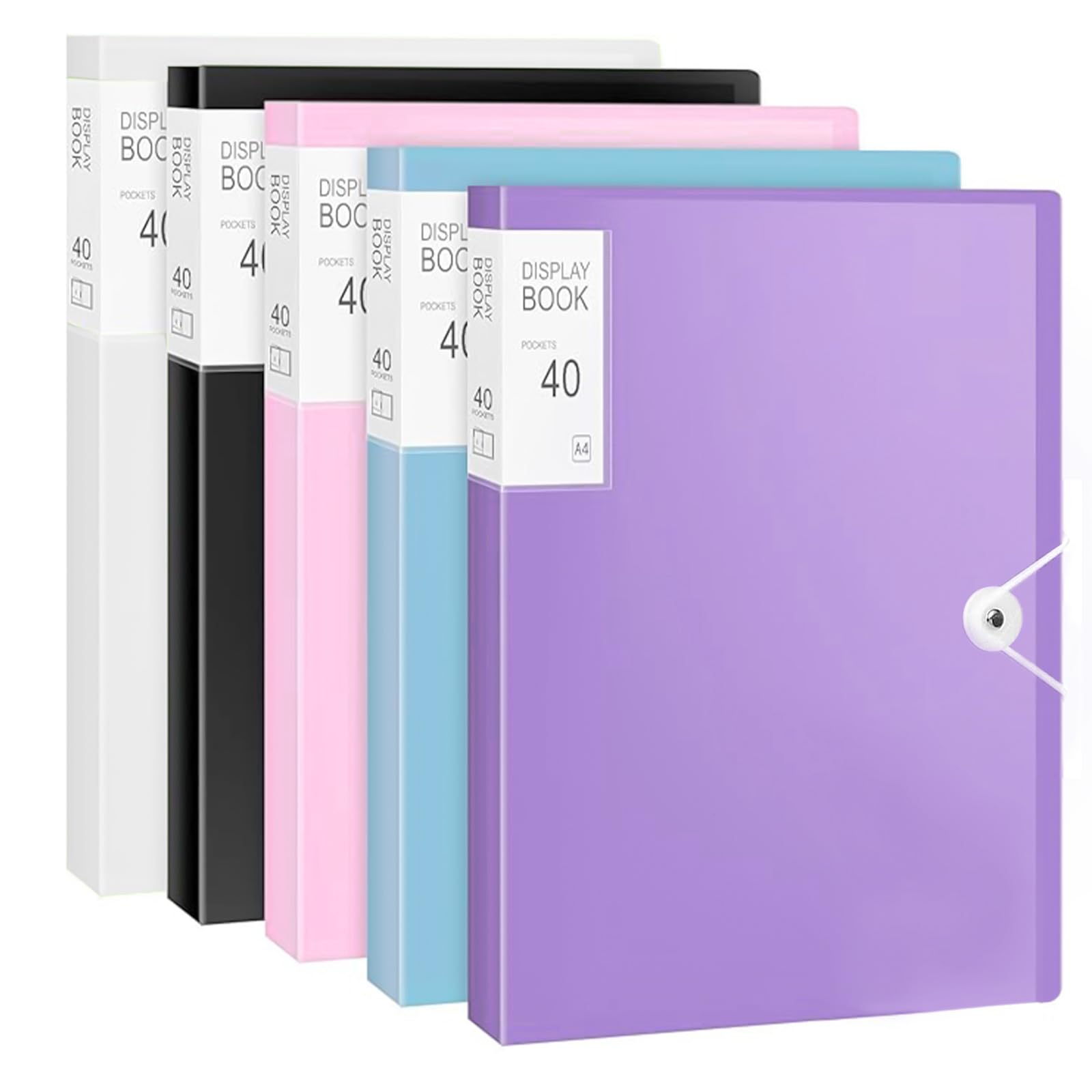 5 Pack A4 Display Book Folders with 200 Pockets, Colour Folder with Plastic Sleeves and Safety Rope Presentation Folders Project Folder, Pockets for School and Offices-40 Pocket Each