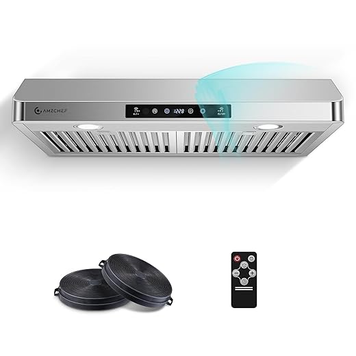 AMZCHEF 30" Under Cabinet Range Hood with Dual Fans System-1050CFM Ultra-Powerful Ventilation,3 Speed Stainless Steel Kitchen Hood with Touch/Remote/Gesture Control, Timer & LED Lights, Baffle Filters