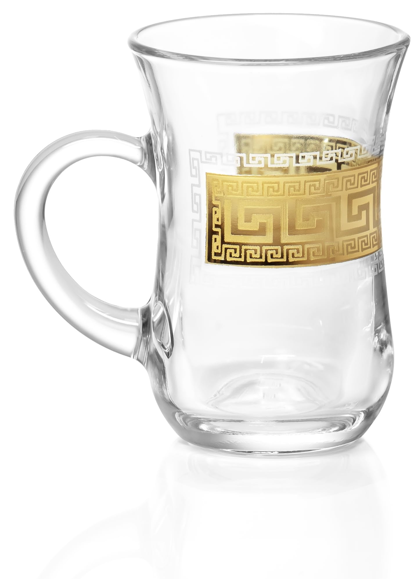 Red Co. Juego de 6 tazas de té turco decoradas de vidrio transparente de 5 onzas líquidas con patrón de llave griega dorada y mango