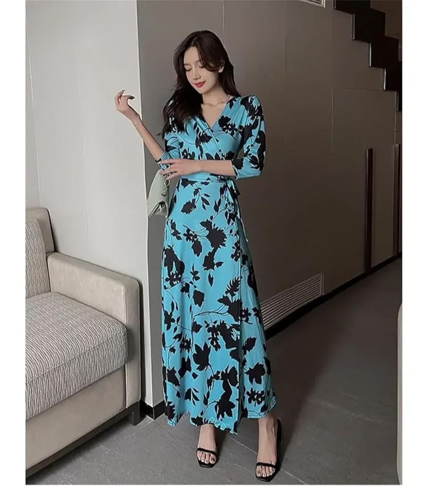 Fnfmrfmr Women V Neck Slit Wrap Maxi Dress Floral Print 3/4
