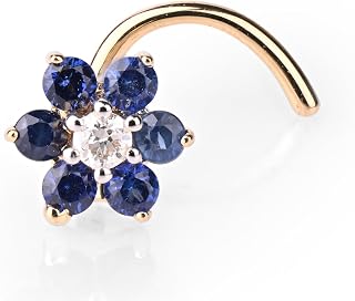 Demira Jewels 14K Yellow Gold Nose Piercing Wire Setting Stud with Real Diamond and Natural Blue Sapphire Flower – Elegant Wedding Nose Ring, Stunning Bridal Nose Jewelry.