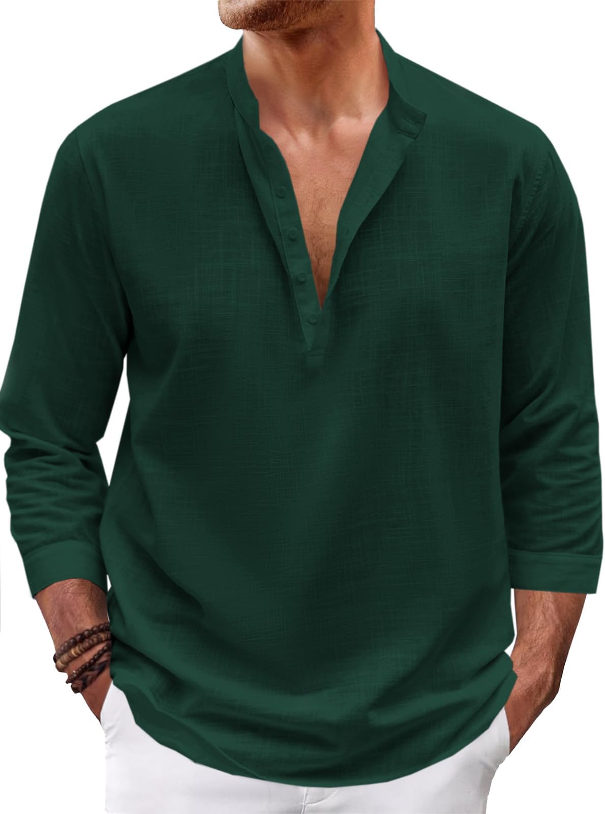 Mens Linen Henley Shirts Long Sleeve Hippie Yoga Summer Beach Casual Henleys T-Shirt