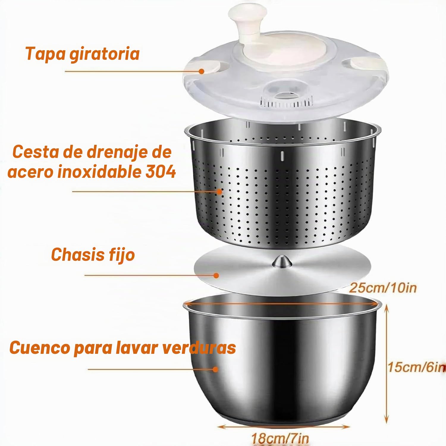 Genérico Centrifugadora de Ensalada Inoxidable 6L – Mejor Spinner de Verduras, Lavador de Frutas & Deshidratador, Manual BPA-Free para Cocina Doméstica o Comercial,Stainless Steel 6L