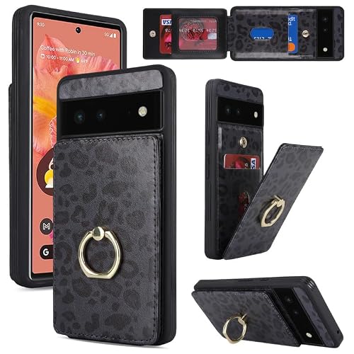 Lipvina for Google Pixel 6 Case with Card Holder,Pixel 6 Case Wallet for Women,Credit Card Holder,Ring Stand,Cute Phone Wallet Cases 6.4"(Black Leopard)