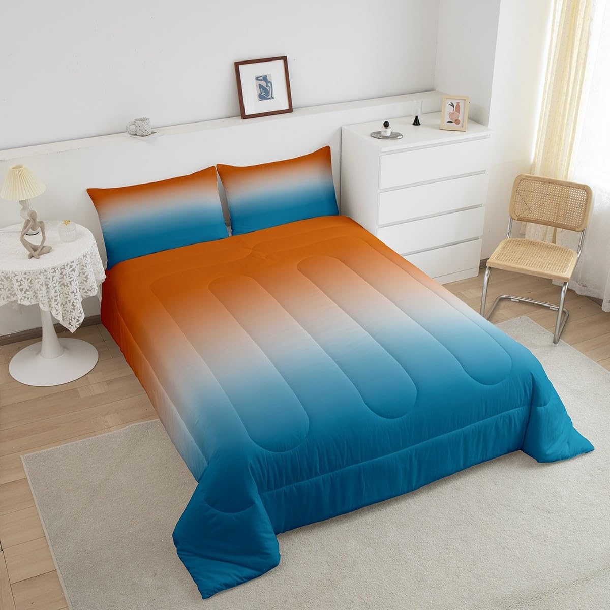 Erosebridal Orange and Blue Comforter Set Queen for Girls Boys Kids,Rainbow Ombre Bedding Set Aesthetic Room Decor for Women Men,Gradient Colorful Comforter Sets Abstract Quilt Bed Set 3Pcs