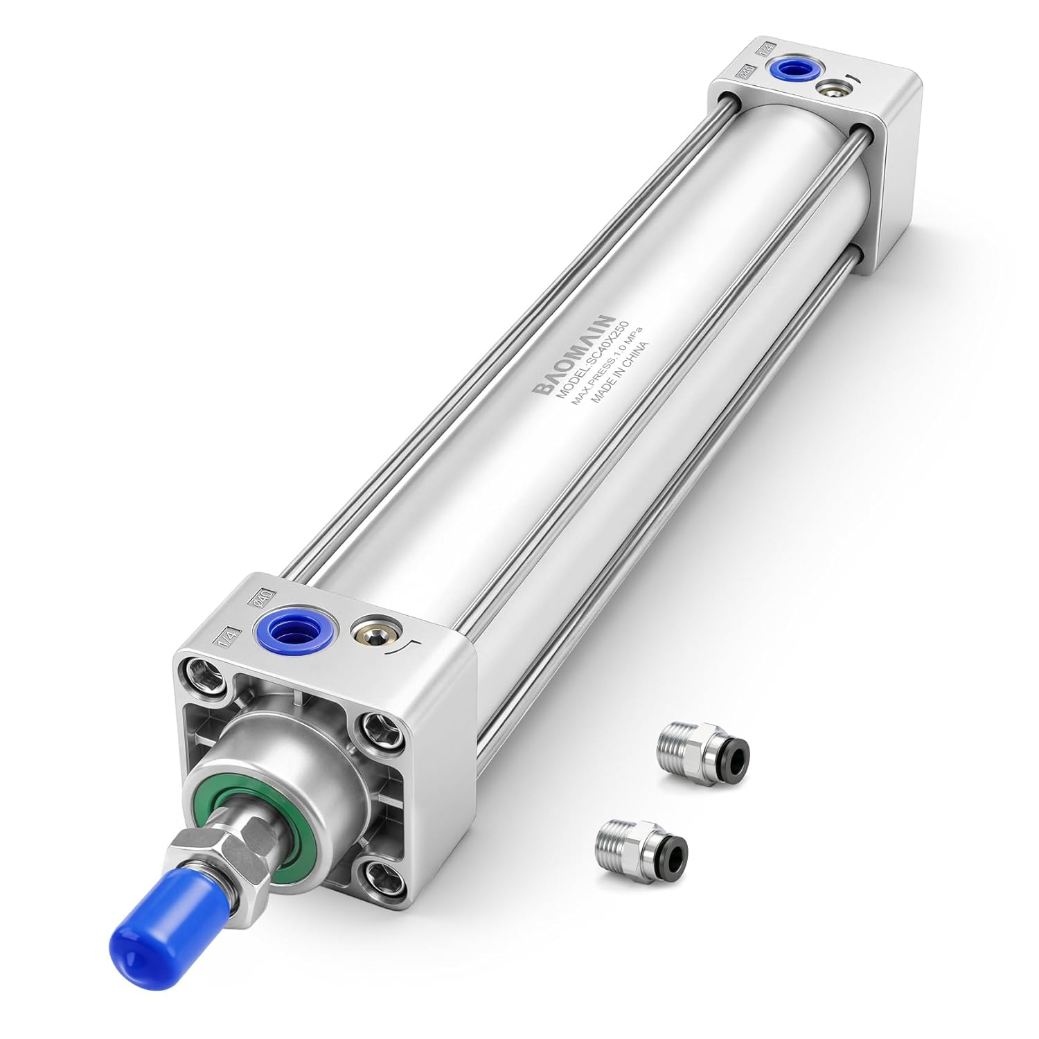 Baomain Pneumatic Air Cylinder SC 40 x 250, PT 1/4 Port, 1.57" Bore, 9.84" Stroke, Single Rod Double Acting, M12X1.25 Threaded Rod, with 2X Push-in Fittings