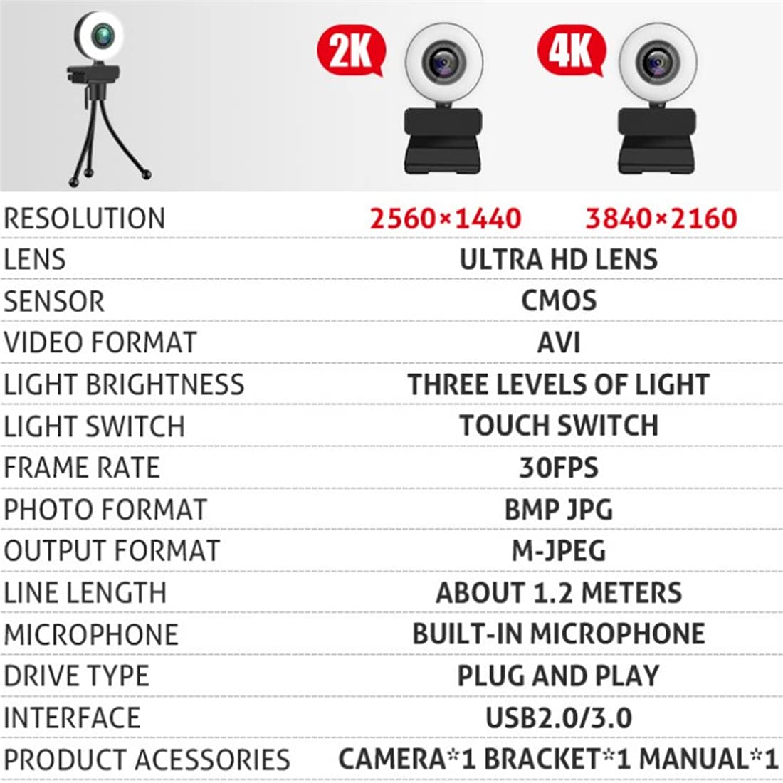 Smart Full HD kamera internetowa, 30FPS strumieniowa kamera internetowa z pierścieniem, z mikrofonem, do laptopa, pulpitu, konferencji, czat wideo,2K