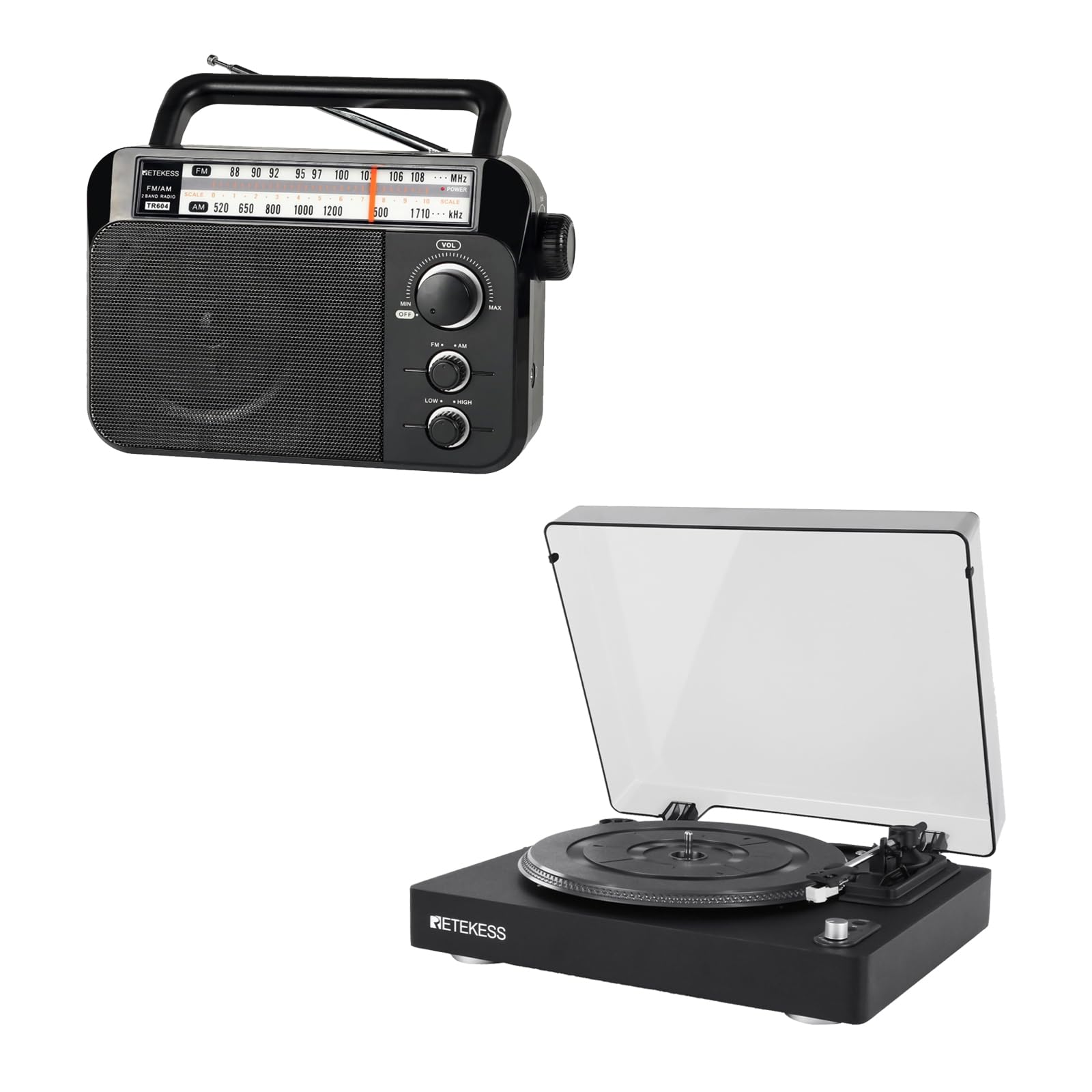 Retekess TR604 Radio Portátil Bundle with TR643 Tocadiscos, Radio Am FM,Perilla Grande, 33/45/78 RPM, Conexión Inalámbrica, Salida RCA, Entrada AUX, Adecuado para Amantes de la Músicwu