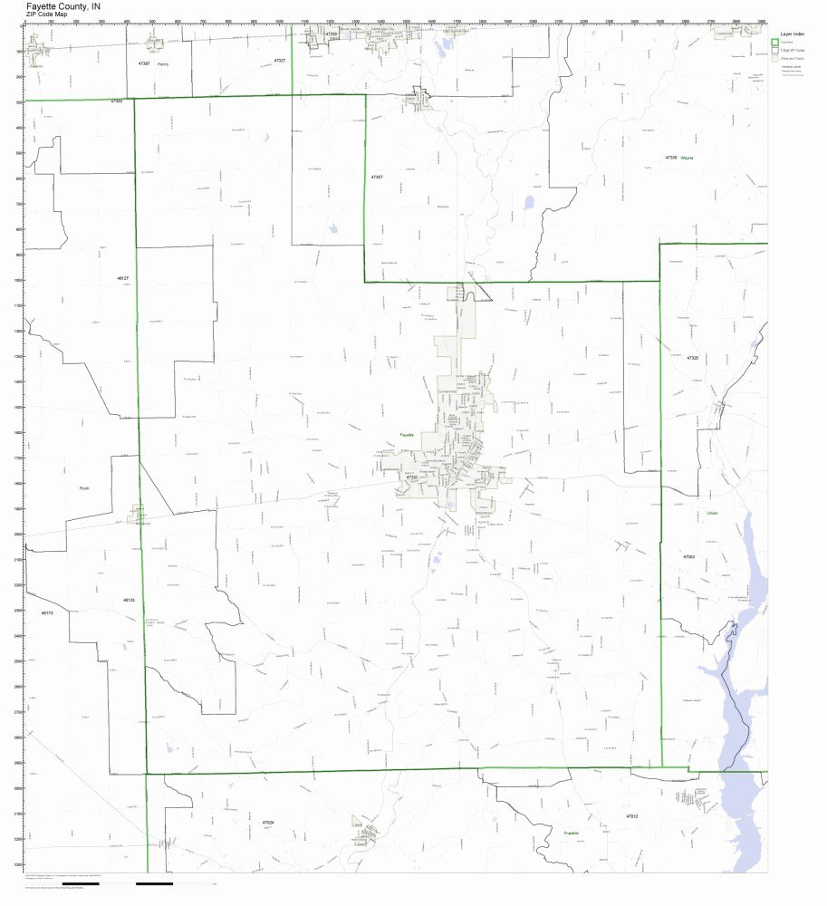 Fayette County, Indiana IN ZIP Code Map Not Laminated