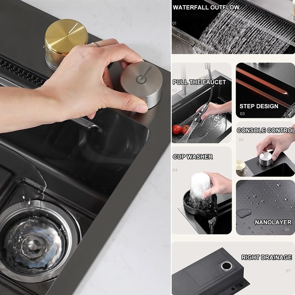 Lavello da Cucina a Cascata in Acciaio Inox con Finitura Nero Opaco, Piano di Lavoro per Bar Domestico con Rivestimento Nano, Rubinetto Estraibile e lavabicchieri, Facile da Pulire