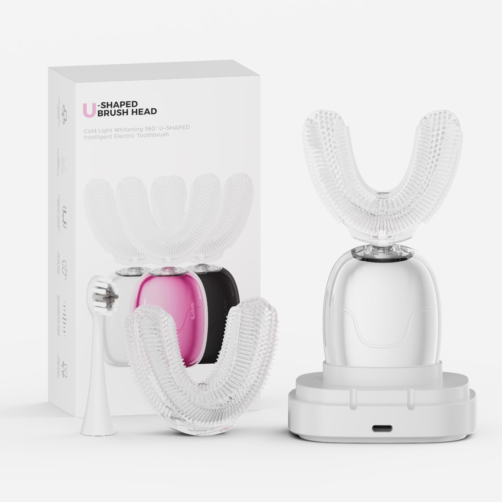 Cepillo de dientes eléctrico en forma de U para adultos: 360° de boca completa, limpieza rápida automática, blanqueamiento de dientes, recargable e impermeable IPX7