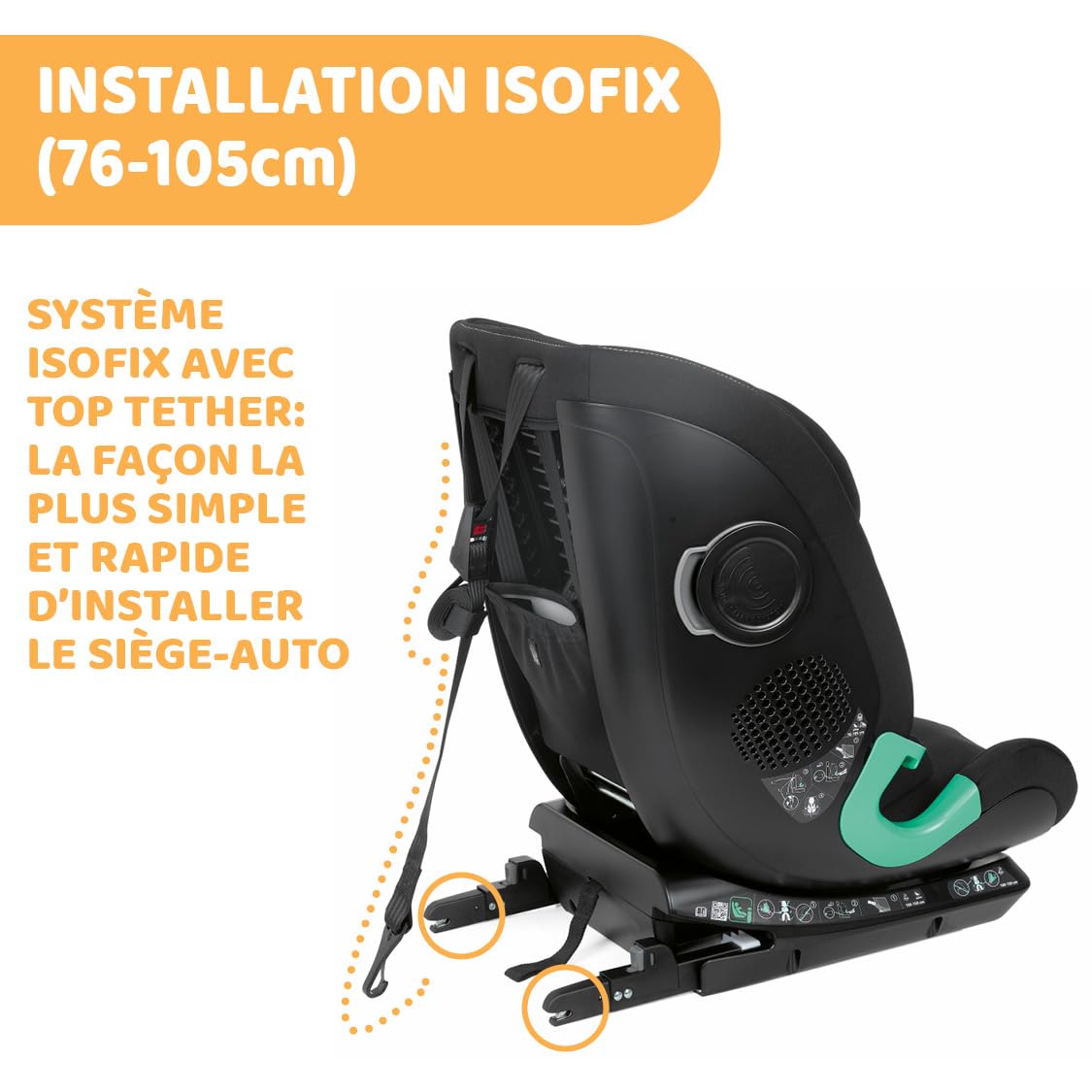 Chicco Fotelik samochodowy MySeat i-Size, łatwy montaż za pomocą złączy ISOFIX i Top Tether, odchylany, regulacja wysokości, zatwierdzony przez ECE R 129/03 (rozmiar I), 76-150 cm, od 15 miesięcy