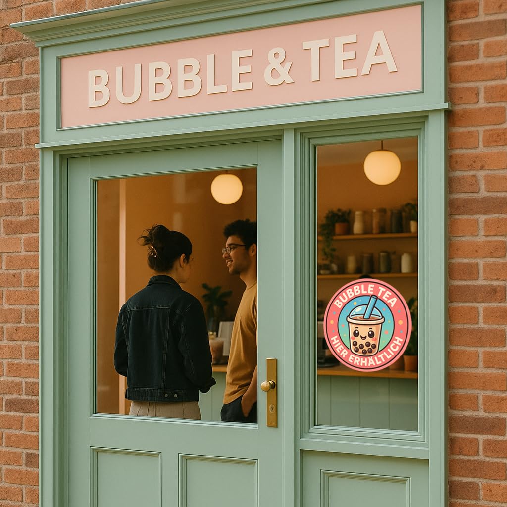 "Bubble Tea" Boba Tea Perlentee Tapioca zum Mitnehmen Digitaldruck Aufkleber Folie Sticker für Schaufenster, Tür, etc. Hinweis Folie | rund | wasserfest DAF-128 (35 x 35 cm)