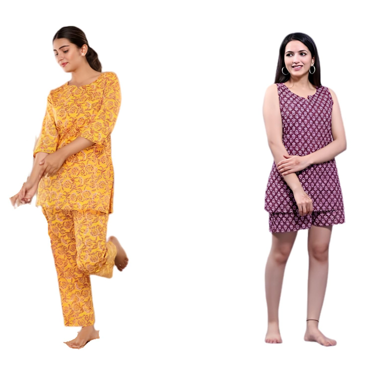 Women Printed 02 Topwear (1 sleeveless top and one is 3/4 sleeve) and 02 (1 payjama or 01 short) bottom wear Cotton KCC135 yellow or Brown 4 Night Suit Set-image-49