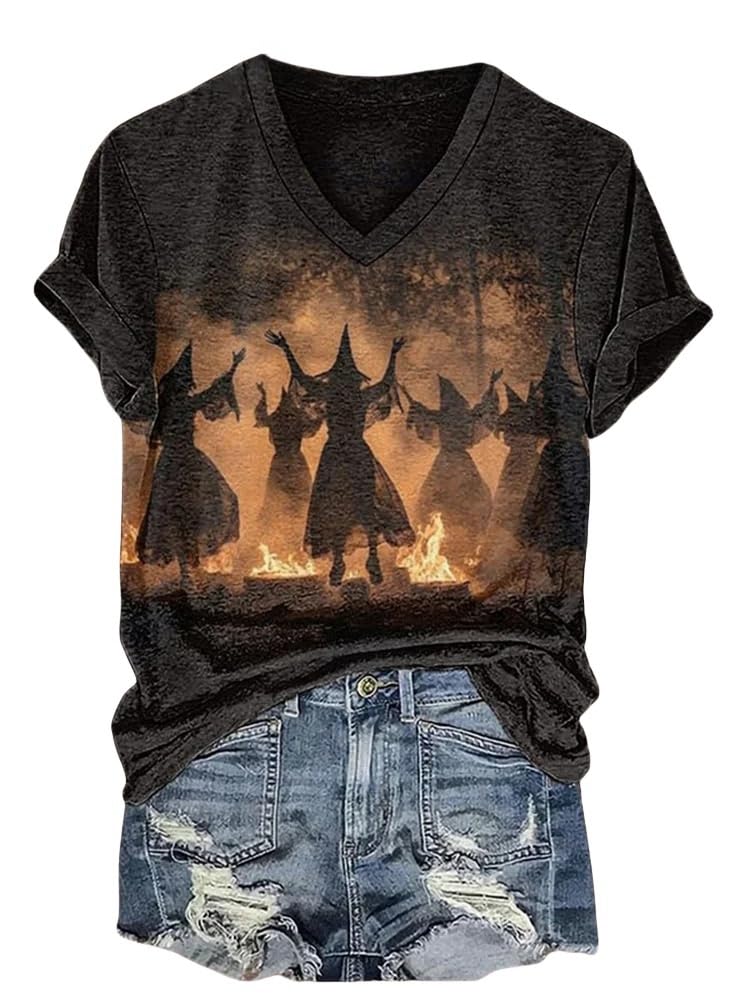 Halloween Shirts for Women Witch Graphic T-Shirt Funny Casual Short Sleeve Shirt Witchy Vibes Fall Outfit