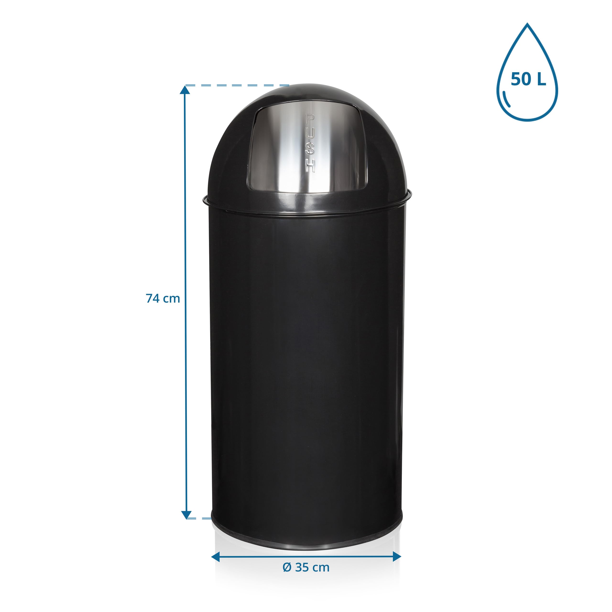 hjh OFFICE 741008 Poubelle XXL PUSH 50L noir Collecteur de déchets rétro avec clapet à poussoir