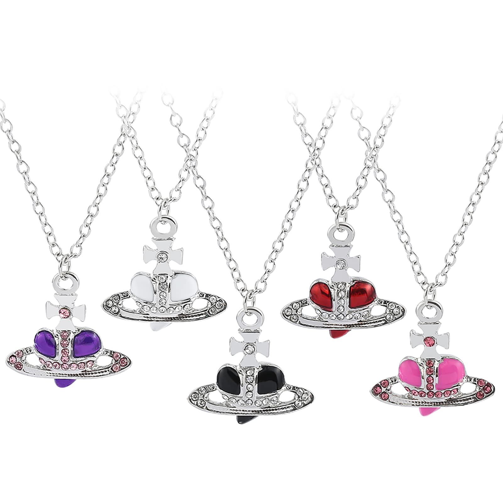 Punk Heart Y2K Saturn Necklace - 5 Colors Available Fashion Baroque Rhinestone Love Heart Saturn Planet Pendant Necklace Jewelry (5pc necklace sets)