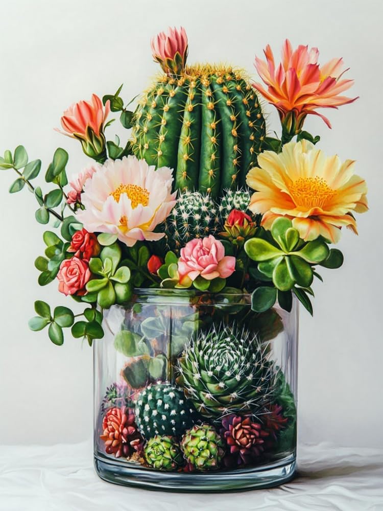 Eiialerm Cross Stitch Kits for Adults Cactus Flower 11CT Pre-Printed Pattern Stamped Cross-Stitching Embroidery Kit Needlework Gifts 16x20 inch