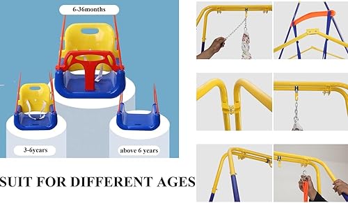 Miniatura 4 de Juego de columpios 3 en 1 para niños pequeños, columpio para bebé para interiores y exteriores con soporte de metal plegable, asiento de columpio