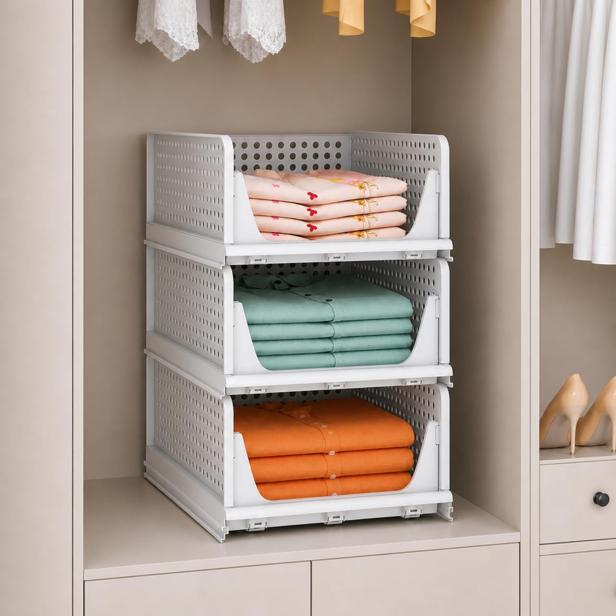 JD Fresh 3 Pieces Large Stackable Wardrobe Organizer for Storage/Foldable Cupboard Organiser for Clothes/Polypropylene Multipurpose Space Organizer Rack/Adjustable Sliding Drawer - White