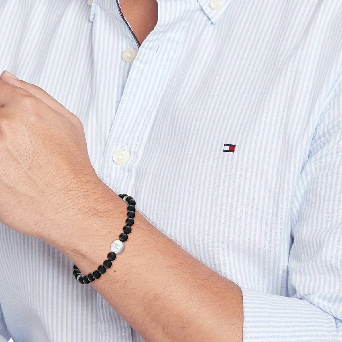 Tommy Hilfiger Pulsera de acero inoxidable con bolas de ónix negras para hombre - 2790609, Mediano, Nylon, Sin gema