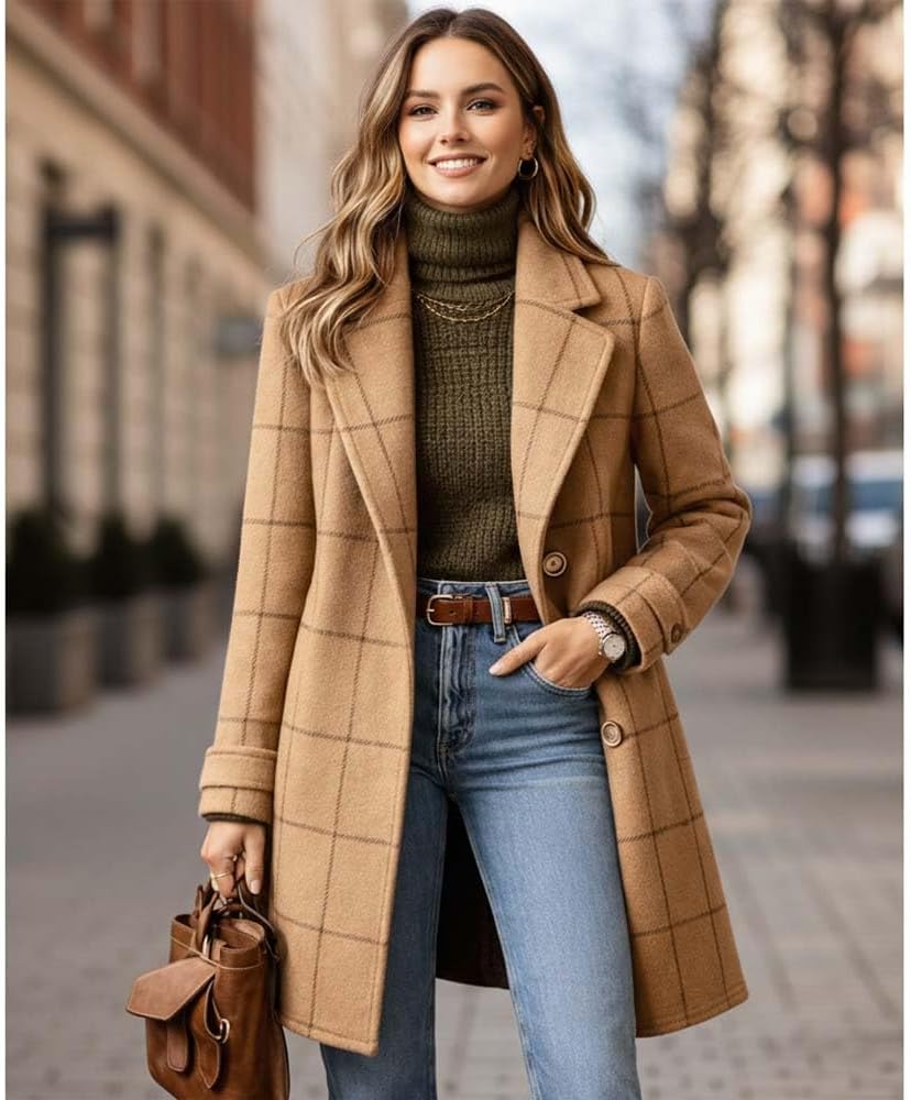 Women's winter notched collar, Notched Collar Single Breasted Mid Long Polyester Overcoat Casual Retro Outerwear - Image 3