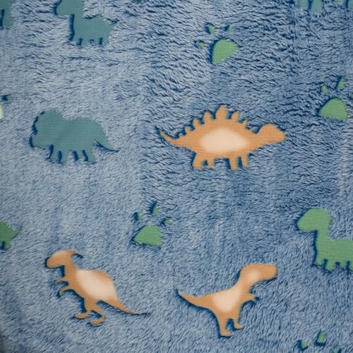 Image of Glow in The Dark Dinosaur Blanket for Kids, Blue | 240 GSM Premium Polyester Fleece, Ultra Soft Lightweight Cozy Throw, 200 x 150 cm, For Boys, Girls, Bed Sofa Travel