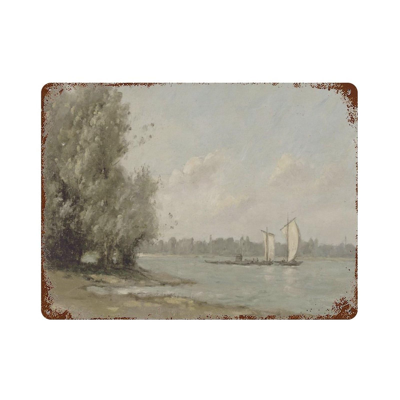 xiaoxiaoshen Muted Sailboat Painting Landscape Art Riverside Soft Tones Antique Wall Decor Art Metal Tin Poster Modern Home Decor Art Home Bar Shop Decorations Vintage Sign 30x40cm