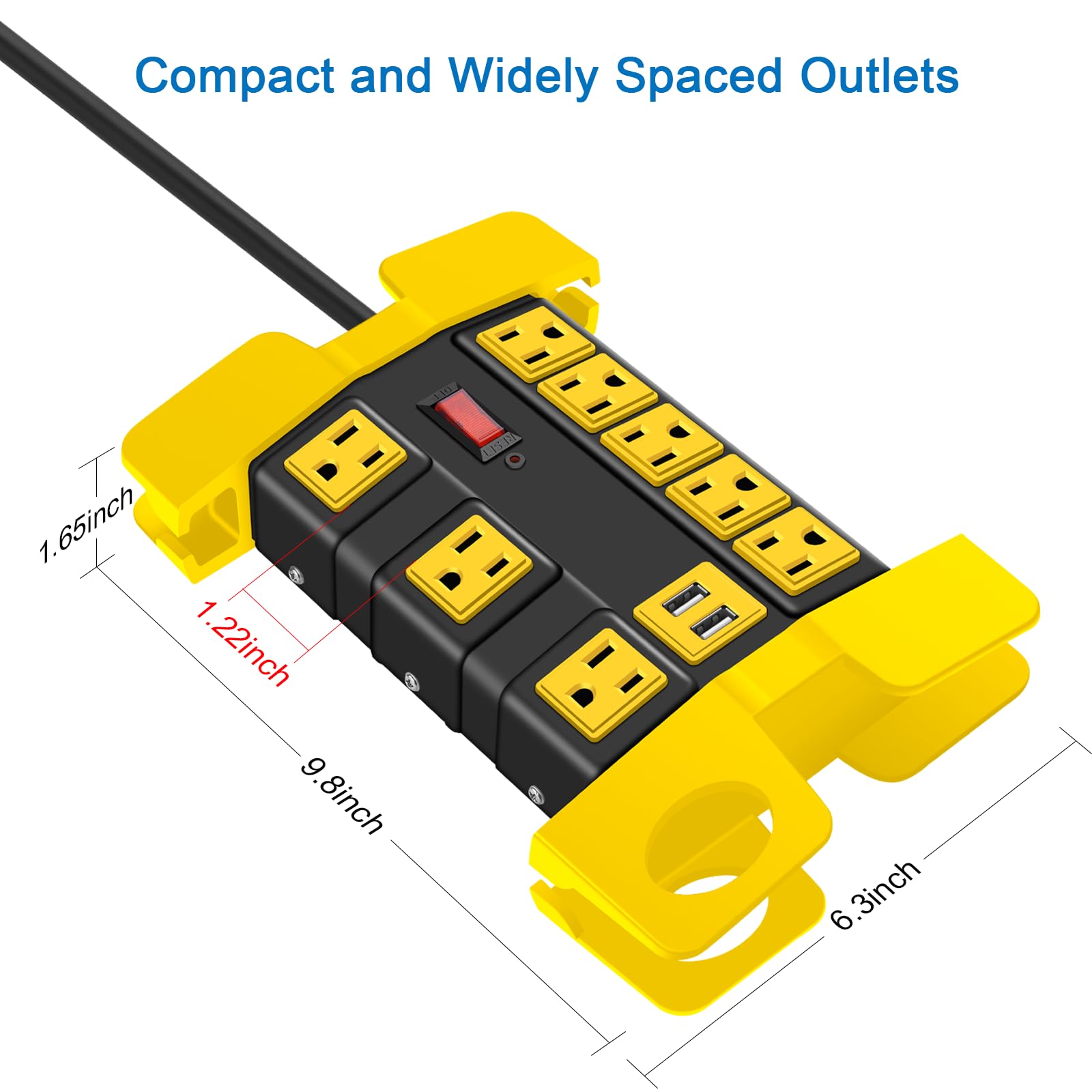 Tira de alimentación resistente con USB, Workshop 8 salidas de protección contra sobretensiones de 2700 julios, tira de alimentación de metal industrial de 15 amperios, cable de extensión de 15 pies y