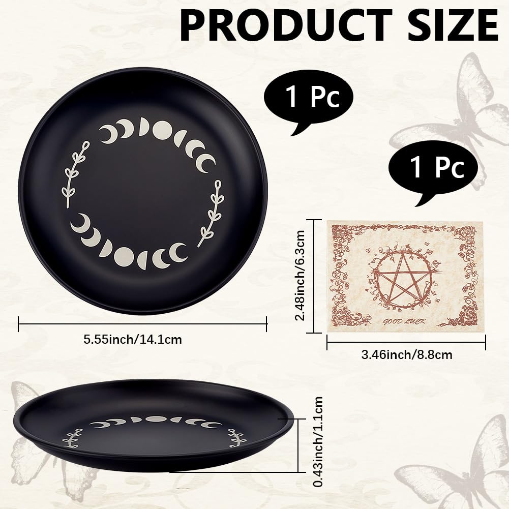 CREATCABIN Phase Moon Altar Plate Jewelry Dish Ritual Flat Bowl Round Prayer Tray Offering Bowl Dish Black Candle Holder with Divination Card for Meditation Incense Sticks Dowsing 5.55Inch - Image 2