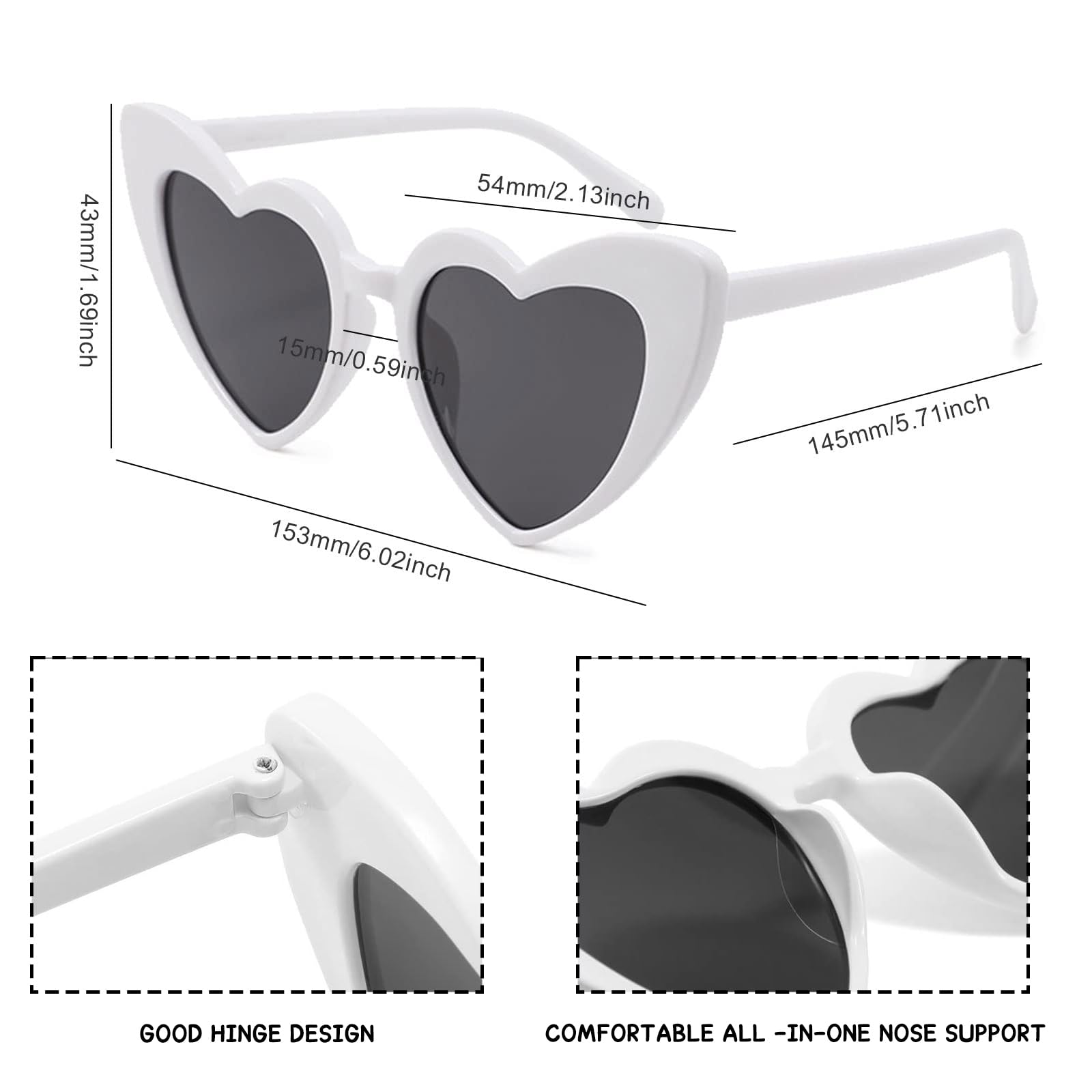 Occhiali da sole a forma di cuore, montatura in metallo vintage con cerniera a molla, lenti di protezione UV400, Nero/Marrone, M