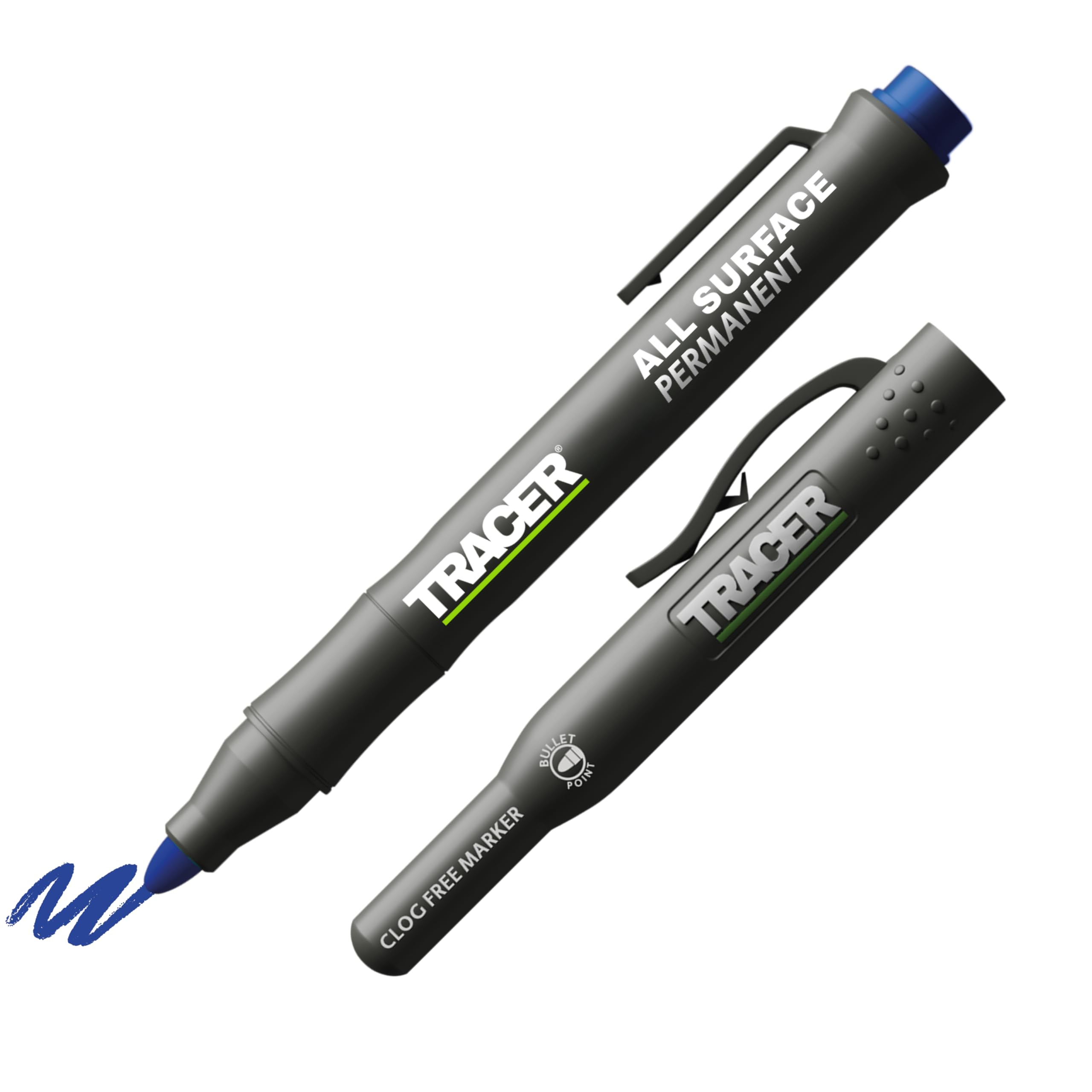 Tracer Clog-Free Blue Construction Marker with Site Holster (All-Purpose Marker perfect for shiny and dusty surfaces.) - Blue