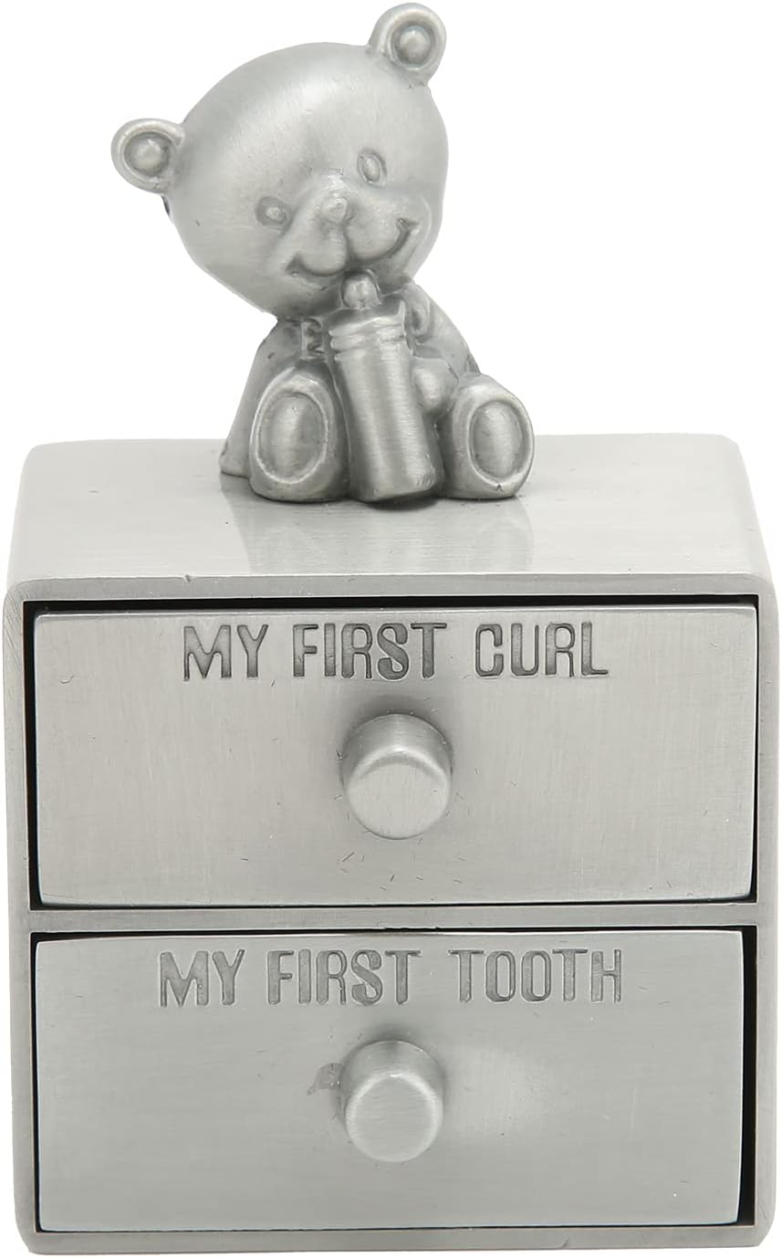 Cute Bear Shape Tooth Box, Baby Teeth Storage Case, Zinc Alloy Keepsake Box with 2 Drawers, Blue Flannel Lined Jewelry Organizer for Children Growth Memorial Gift (Antique Tin Color)