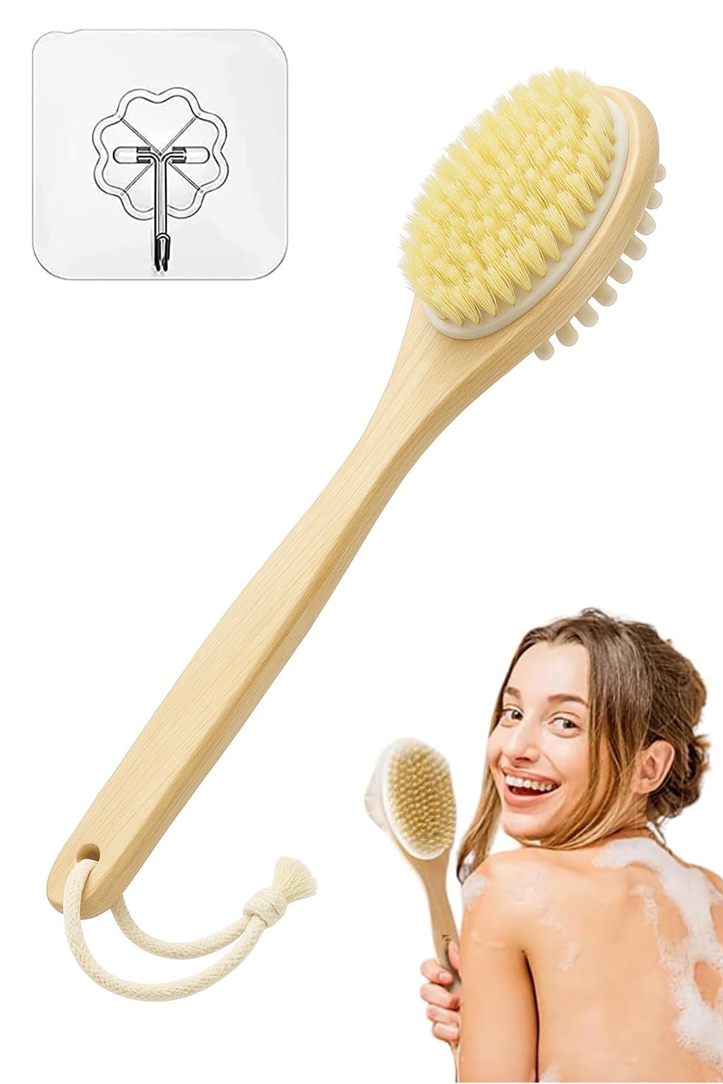 Rkenza 2-in-1 Long Handle Bath Brush (Pack of 1) | Exfoliating Bath Brush with Natural Bristles & Massage Nodes | Improves Blood Circulation | Removes Dead Skin Cells | Anti-Cellulite Shower Brush-image-30