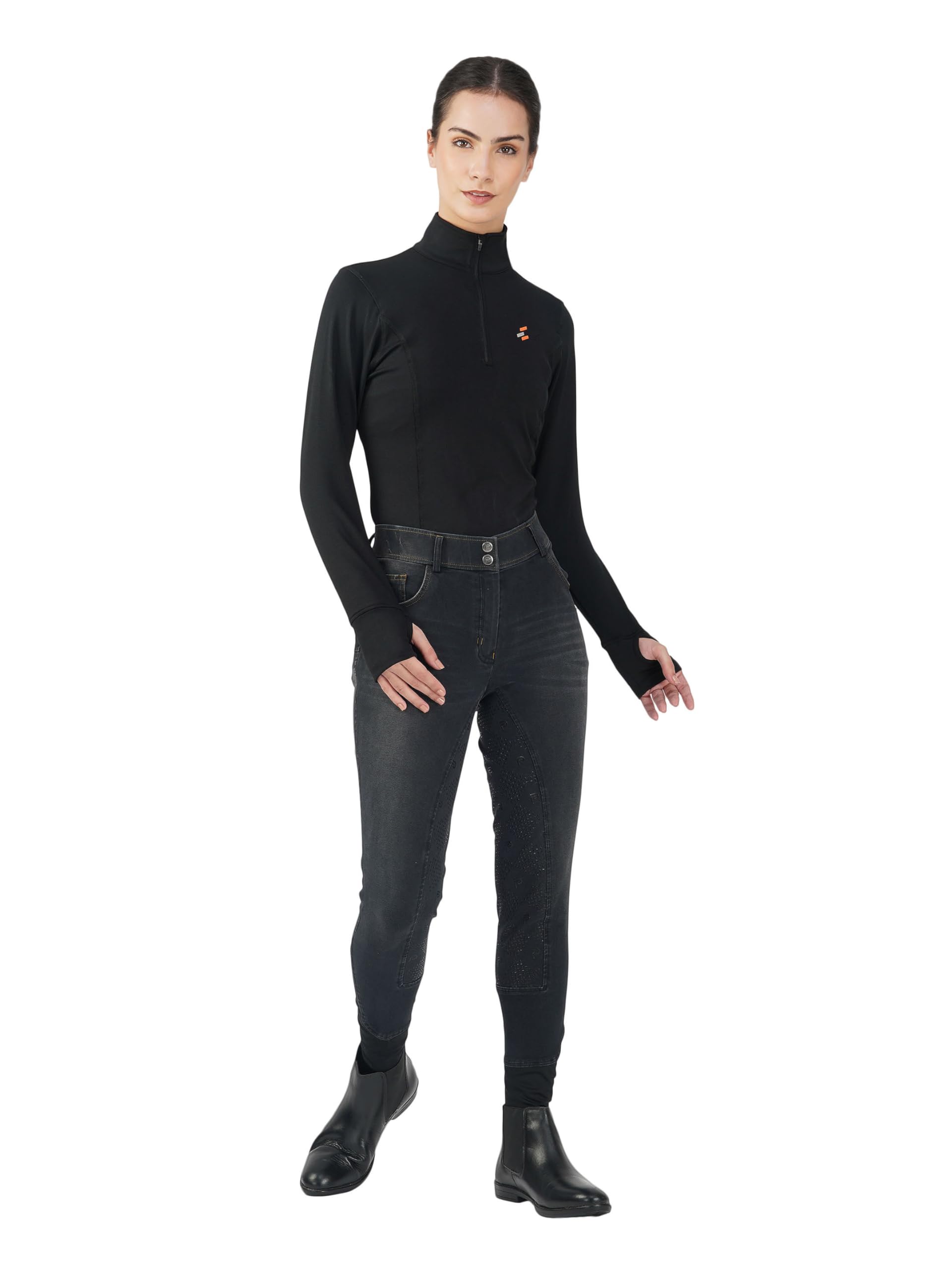 Preto Pantaloni da equitazione da donna in denim di alta qualità, con seduta completa, impugnatura in silicone, morbidi ed elastici, pantaloni da equitazione con tasche