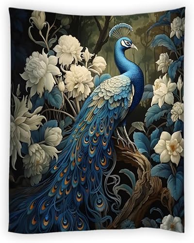 Miniatura 4 de JONSEQIN Tapiz de pavo real asiático elegante pájaro vintage rústico flores de granja animales plantas naturaleza flores silvestres colcha de picnic