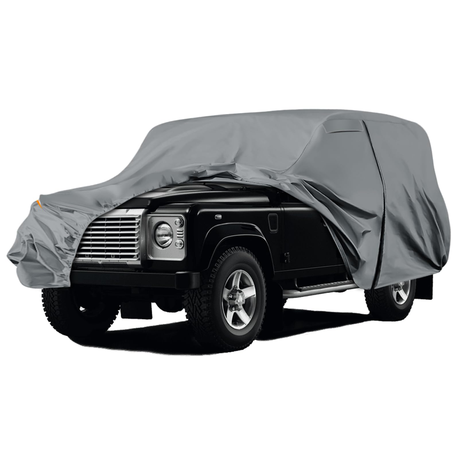 Autoabdeckung Wasserdicht für Land Rover Defender 110 1990-2016 | Grau Vollgarage Autoplane Auto Abdeckplane Winter Sommer Allwetter Outdoor Abdeckung mit Reißverschluss Tür, Windschutzbänder