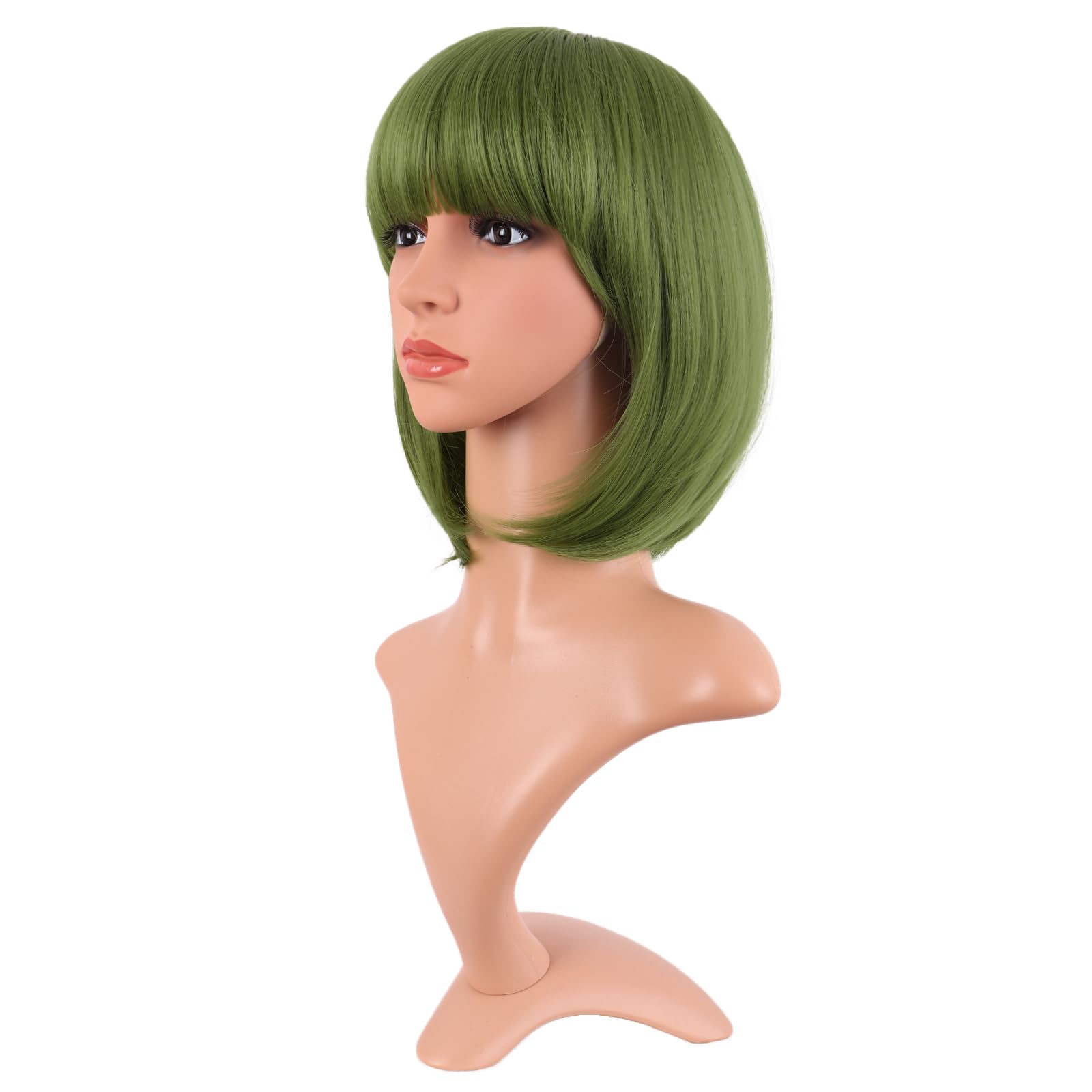 MapofBeauty 12 Inch /30 cm Fashion Lady Short Straight Synthetic Flat Bangs Bob Wig (Olive Green), 21.5 inches - Image 3