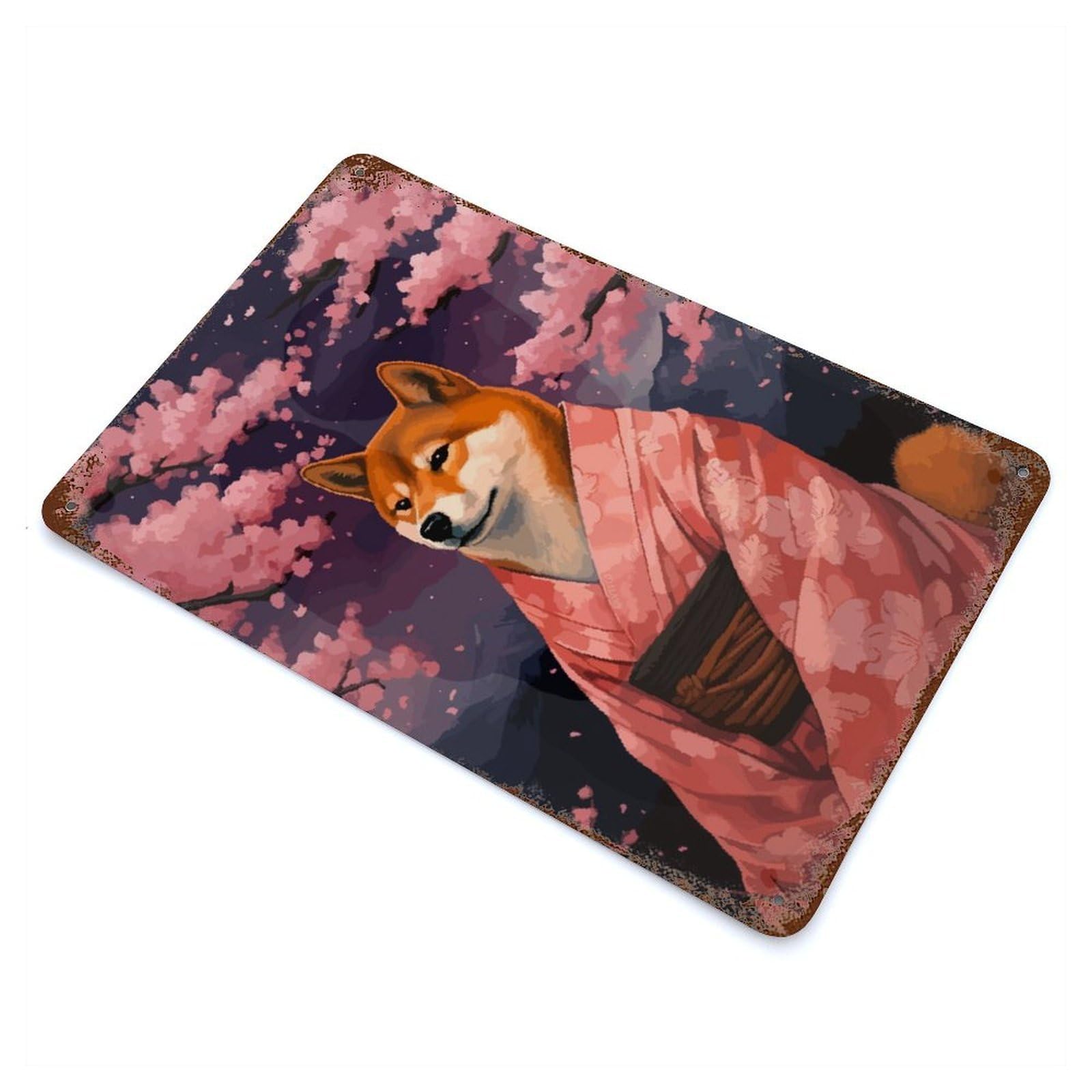 Vintage Metal Tin Sign Shiba Inu Sakura Pixel Art 11.8"x7.9", Industrial Home Decor for Farmhouse, Kitchen And Entryway Decor
