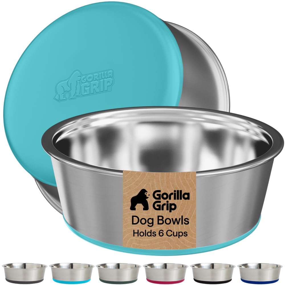 GORILLA GRIP Dog Bowls, Food Grade Stainless Steel, 2 Set, 6 Cup, Turquoise