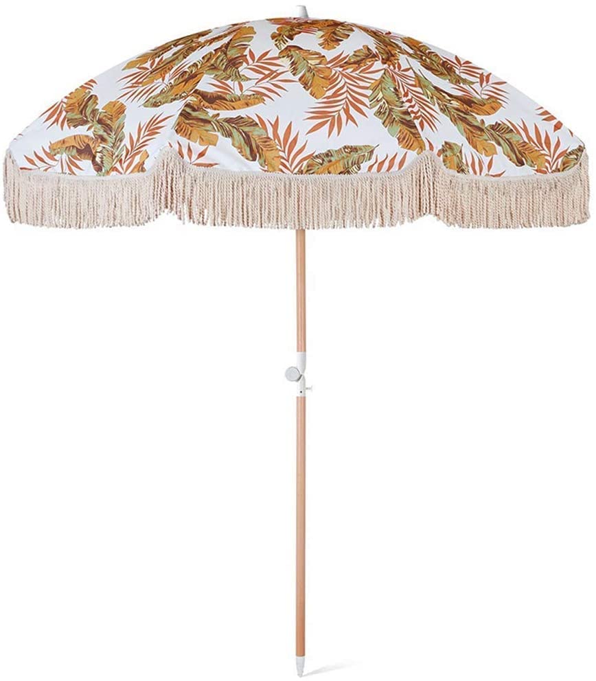 KKMNDE Sombrilla redonda de 2m, sombrilla pequeña para exteriores, sombrillas de madera con borlas para Patio y playa con función de inclinación, resistente al agua y