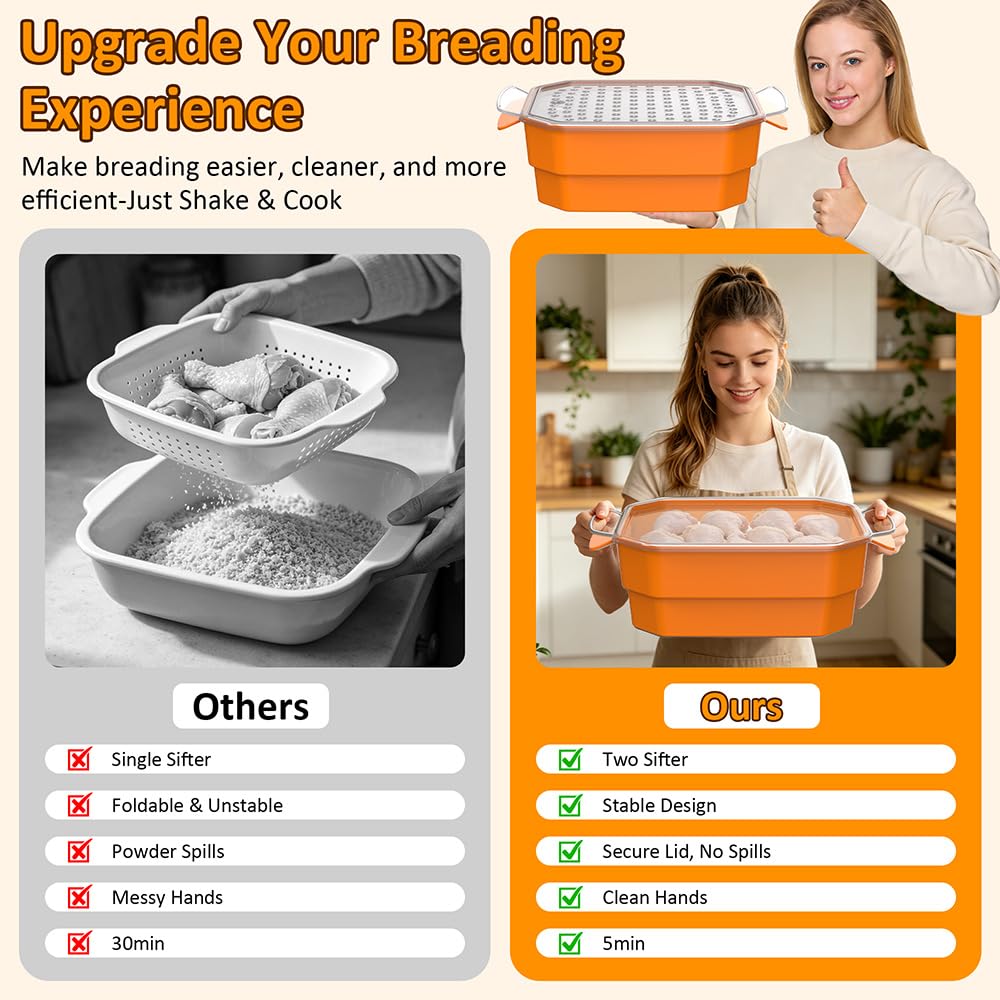 SURETIVIAN Better Bol à pâte extra large avec deux tamis et plateau à poudre, shaker visible sans désordre pour poisson frit, poulet, viande, légumes, idéal pour les fêtes de famille (orange)