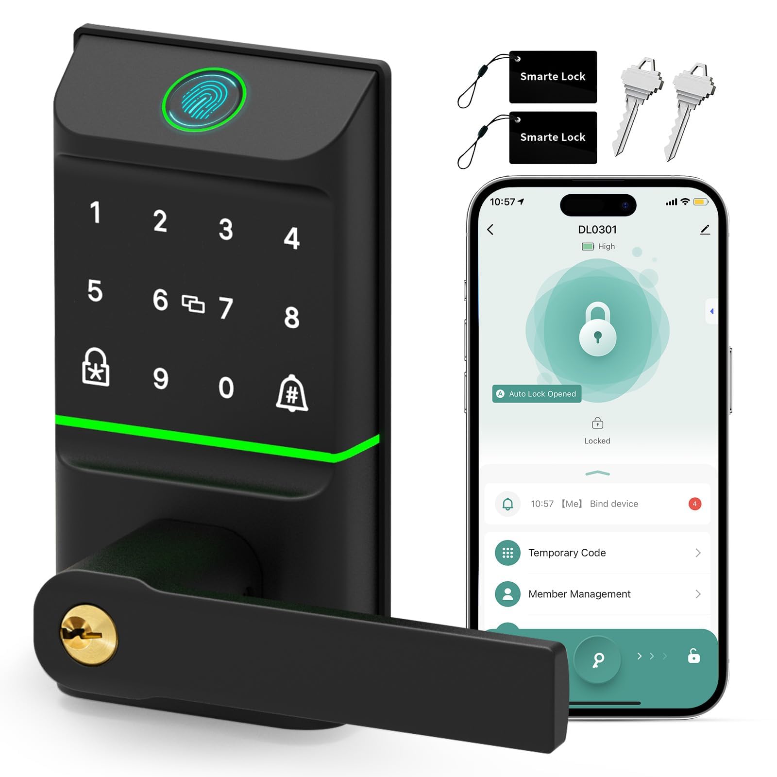Mutak Smart Lock Keyless Entry, 6-in-1 Biometric Deadbolt w/Fingerprint, Keypad, IC Card, APP, Key, Type-C Charging, IP565 Weatherproof, Bluetooth, Doorbell & Auto-Lock for Front Door Home Security
