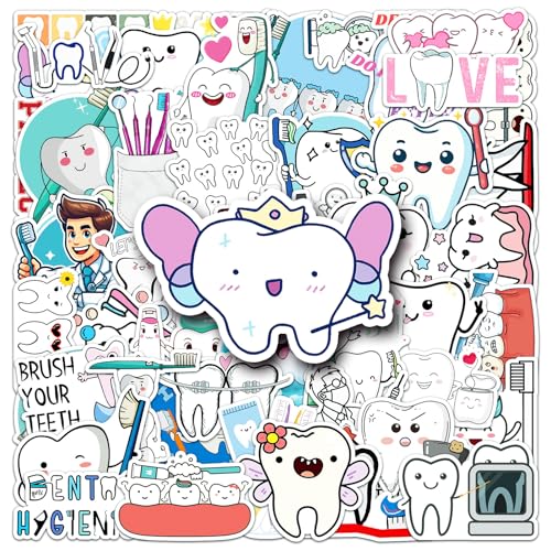 50 calcomanías de amor por los dientes, divertidas calcomanías de dientes para niños y adolescentes, lindas calcomanías de dentista para botellas de agua, laptop, equipaje, teléfono, calcomanías de