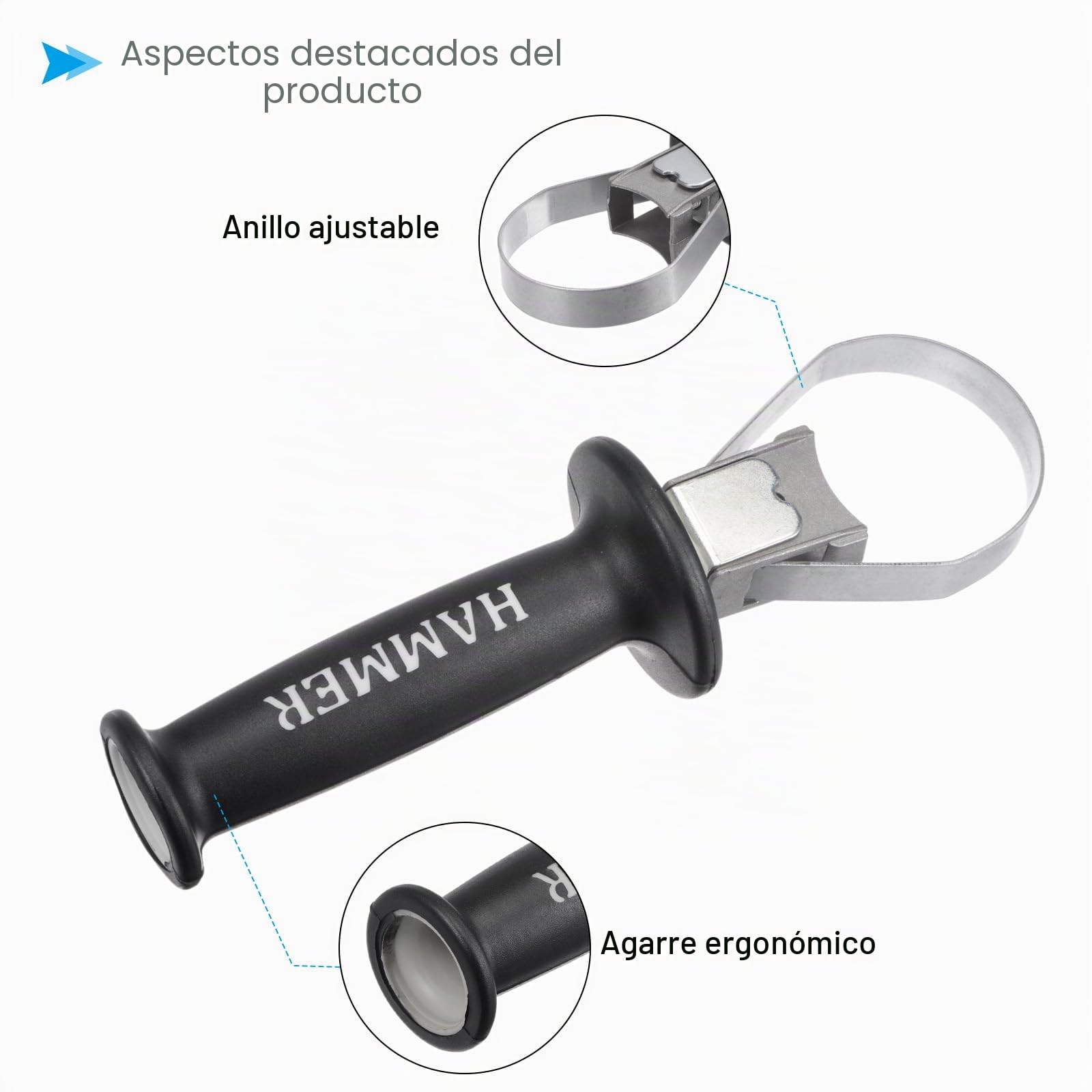 Mango Auxiliar Frontal Hueco para Martillo Eléctrico, Mango Lateral para Taladro Martillo Eléctrico de 60-65mm de Rango - (Aplicaciones: para 26 Martillos Eléctricos)