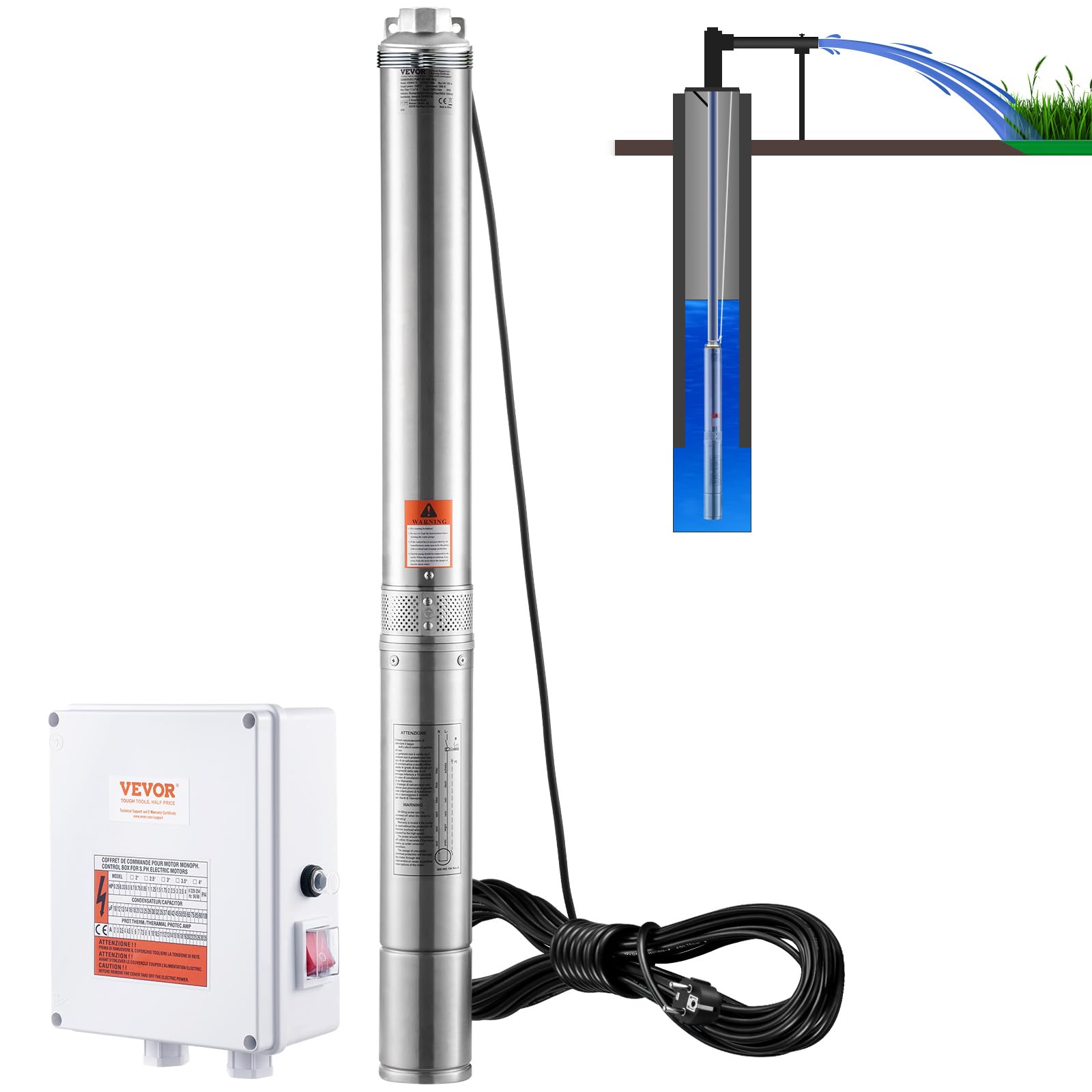 VEVOR Pompa Sommergibile per Pozzi Profondi, IP68 2200W 230 V, Massima Portata 9,8 m³/h Prevalenza 144m, Cavo Elettrico 19,4 m, Scatola Controllo Acciaio Inox Irrigazione Industriale Uso Domestico