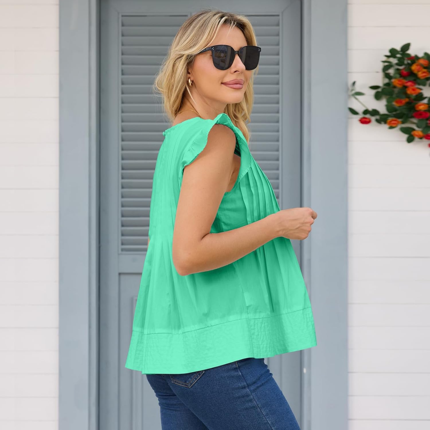 Women's Summer Blouse Ruffled Sleeves Pleated A Line Peplum Babydoll Shirt Top(Green,XL) - Image 4