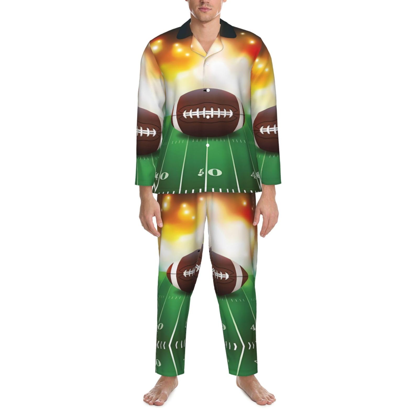 Conjunto de pijama deportivo con estampado de pelota de fútbol americano sobre hierba, de manga larga, con cuello y cintura elástica y bolsillos