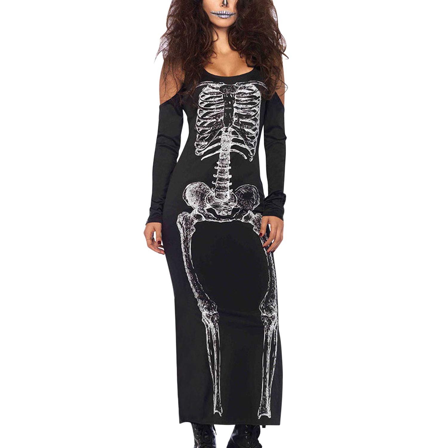 Boodtag Womens Halloween Skeleton Print Costume Cold Shoulder Long Sleeve Slim Fit Bodycon Maxi Dress